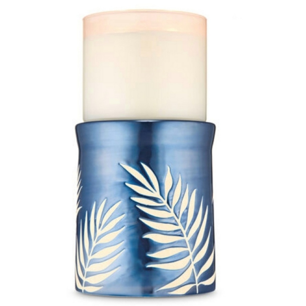 💙 BBW Blue & White Leaf Design Pedestal 3-Wick Candle Holder NEW